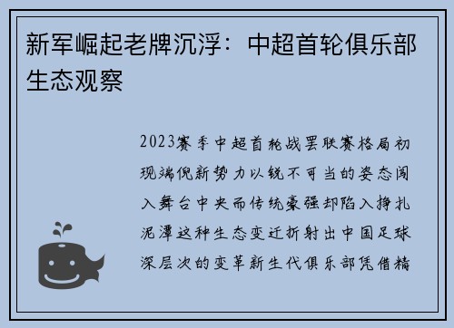 新军崛起老牌沉浮：中超首轮俱乐部生态观察